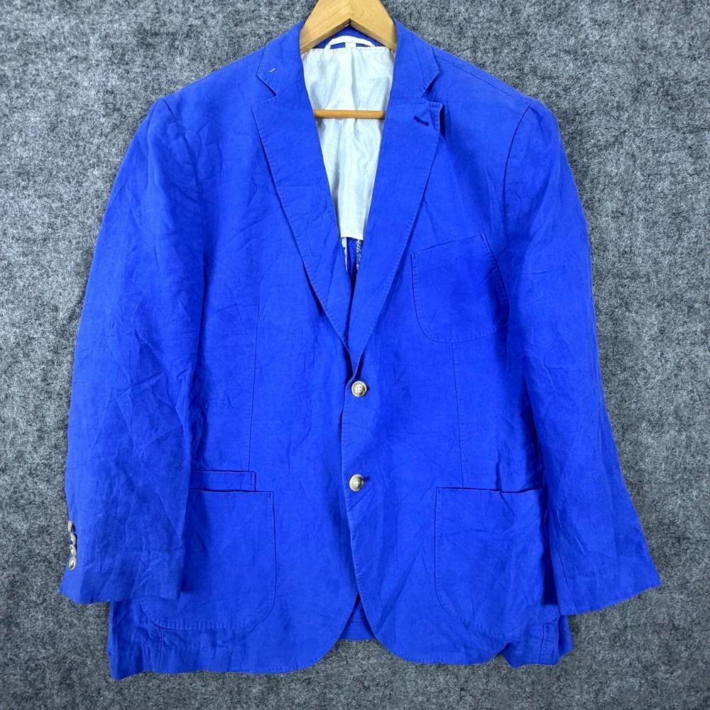 Unbranded Linen Blazer Jacket Mens L Blue Summer Preppy Modern Fit Notch Lapel